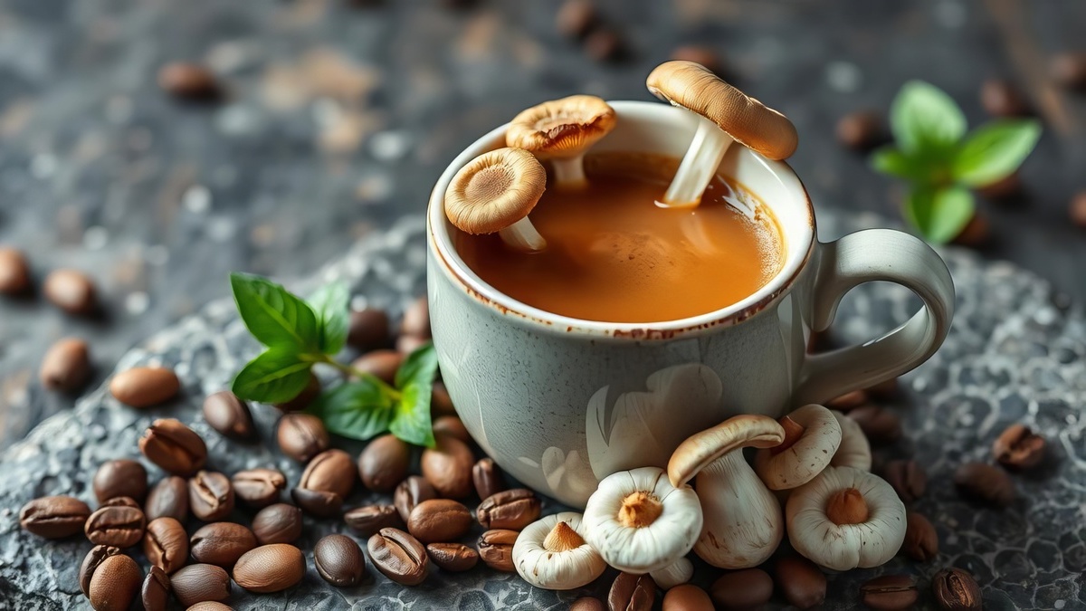Kava s gljivama Reishi, Cordyceps, Chaga i Lavljom Grivom u šalici sa zrncima kave