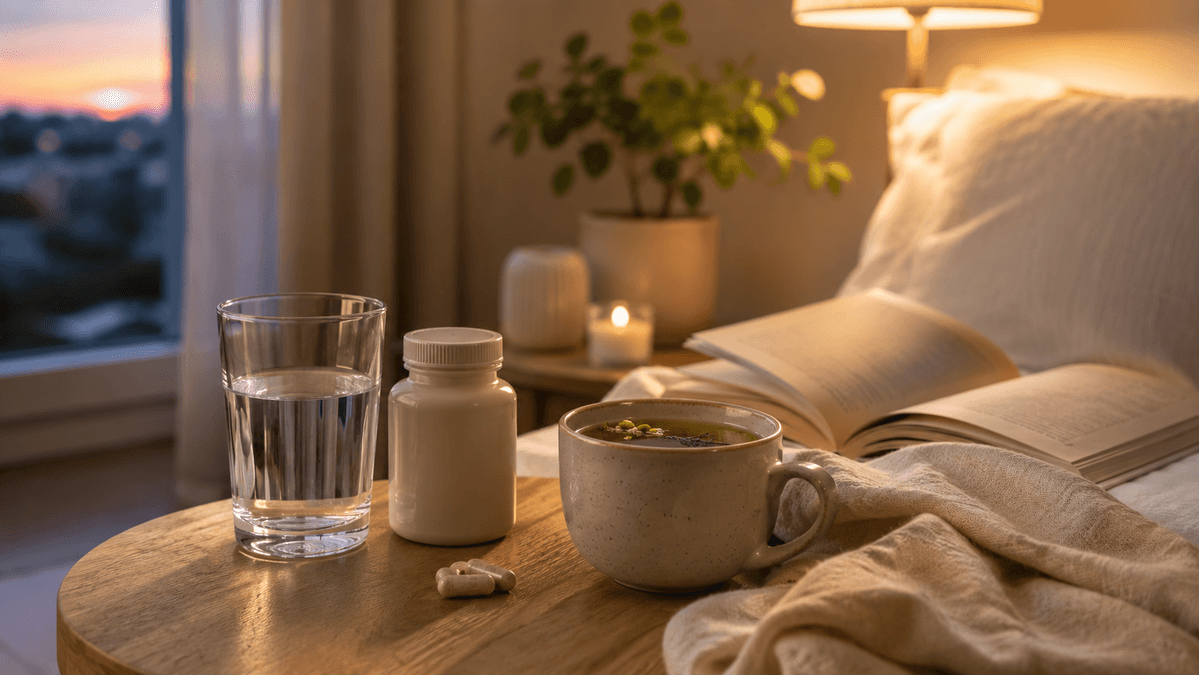 Večernja wellness rutina s čašom vode i dodatkom prehrani uz vodič o magneziju glicinatu