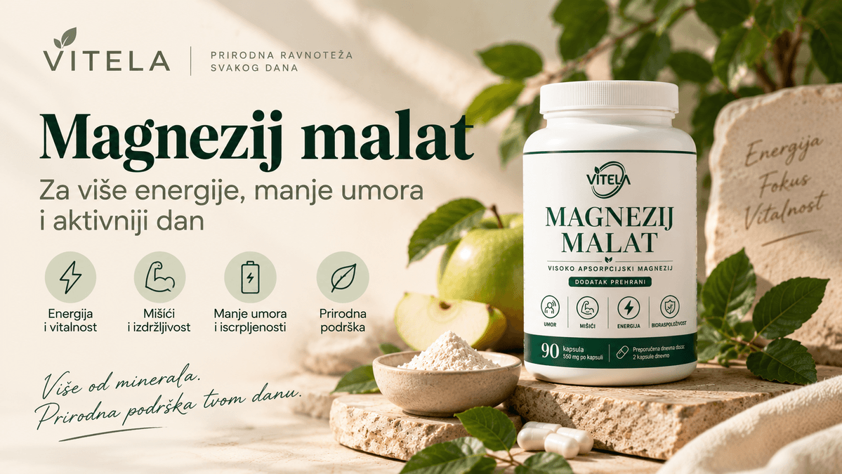 Magnezij malat kapsule uz zelenu jabuku, vodu i wellness dodatke za dnevnu energiju i oporavak