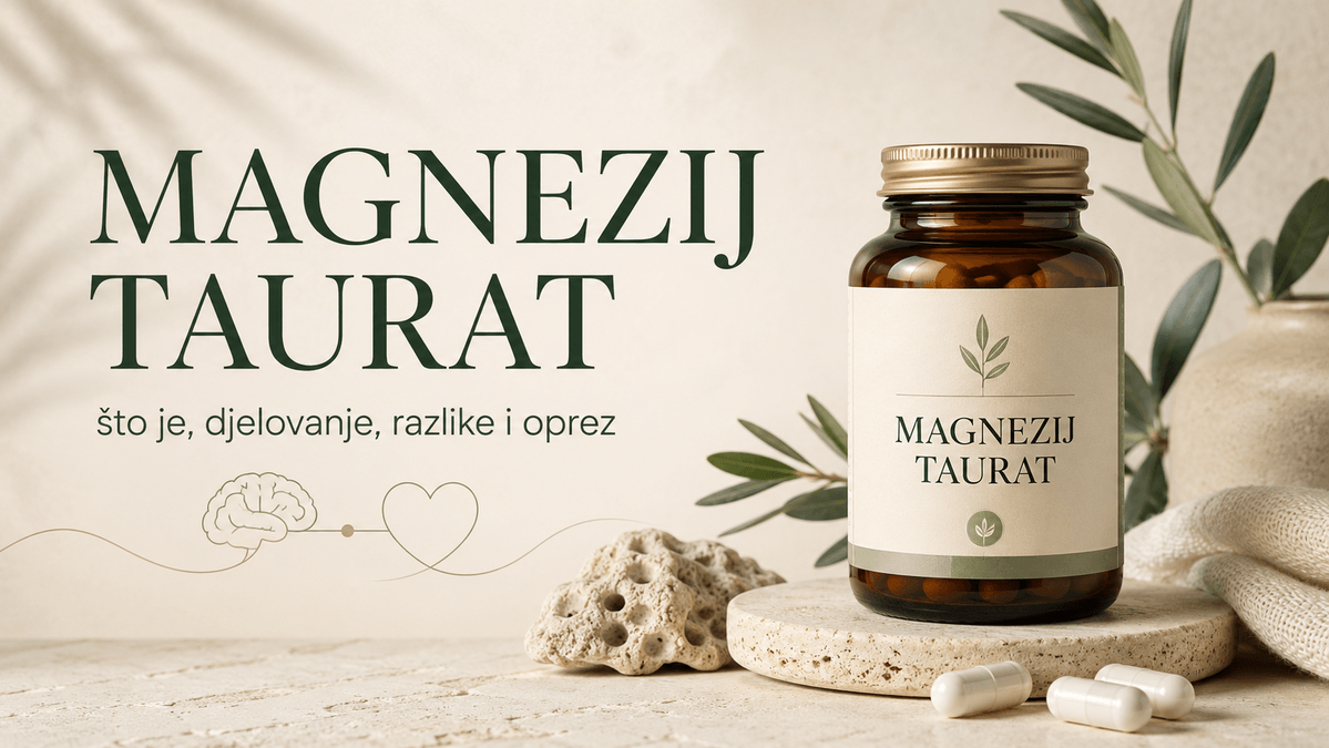 Bočica magnezij taurata uz kapsule i ilustracije mozga i srca